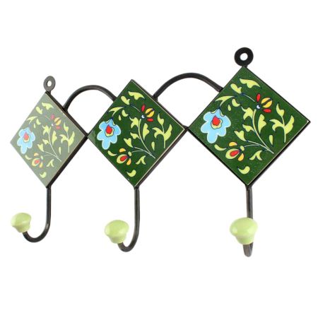 Forest Green Floral Ceramic Tile Wall Hook